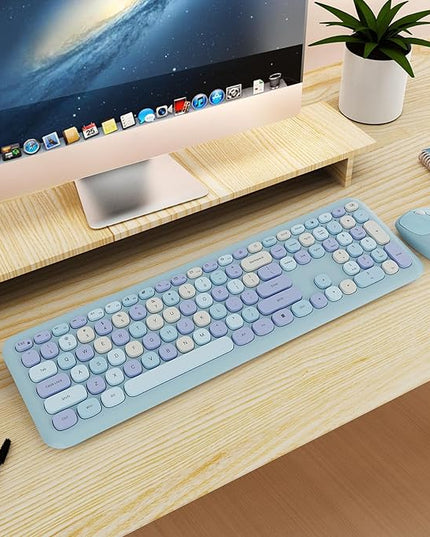 Wireless Keyboard and Mouse Combo, Colorful Ergonomic Full Size Retro Low-Noise Keyboard with Cute keycaps, Compatible with Windows, PC, Perfer for Home and Office Keyboards (Blue)