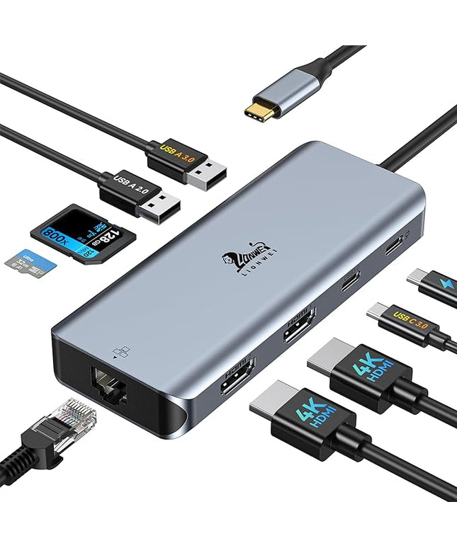 LIONWEI 9 in 1 Laptop Docking Station, Dual HDMI, 100W PD, USB C 3.0, Ethernet, Audio/Mic, USB C Hub for Dell/Surface/HP/Lenovo Laptops