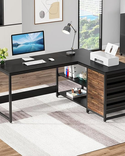 Tribesigns L Shaped Computer Desk with Storage Drawers, 59 inch Corner Desk with Shelves, Reversible L-Shaped Office Desk Study Writing Table Workstation for Home Office, Black