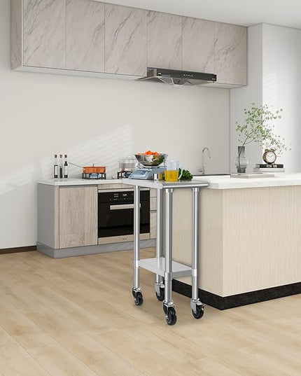 HARDURA Stainless Steel Commercial Table Prep & Work Table with Casters Heavy Duty Metal Table with Wheels NSF 430 24×12 Inches