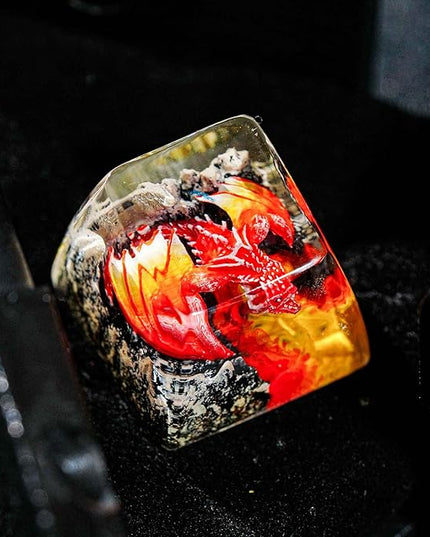 Red Dragon with Volcano Fantasy Artisan Keycap R1 SA Profile Custom Cool Dragon Keycaps 1U ESC Handmade Gaming Resin Key Cap Cherry MX Switch Compatible Mechanical Keyboard Dragon Lover Gift