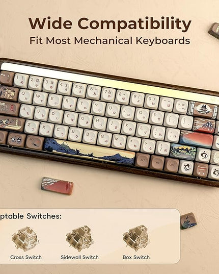 OHY XVX MOA Profile Japanese Fuji Mountain Theme PBT Keycaps Set, 140-Key Coffee & Cream Custom Keycaps for US Layout Mechanical Keyboards (Brown/Beige Design with Key Puller)