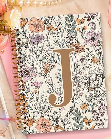 JXREQ Vintage Boho Floral Personalized Notebook, Initial Letter J Notebook Journal, Monogram Notebook, Monogrammed Gifts for Women, Boho Office Supplies, Flower Spiral Notebook 5.5x8.3