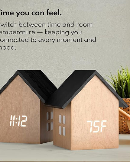 Driini Digital House-Shaped Alarm Clock with Temperature Display (Light Wood) – Modern Aesthetic - Cute Cube Frame and White LED Dimmer - Perfect Small Desk Clock for Bedside Table or Bedroom Mantle