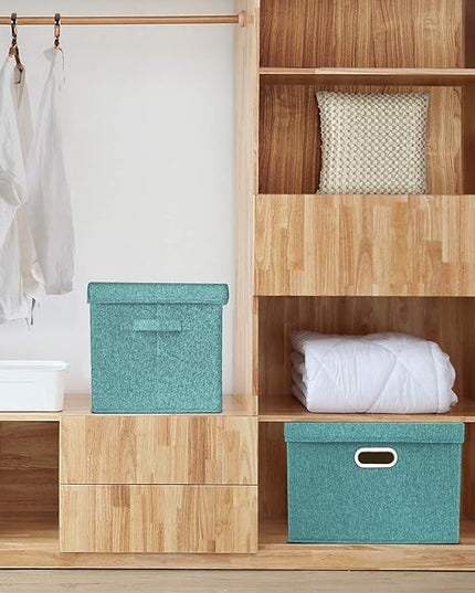 TYEERS Large Storage Bins with Lids, Collapsible, Washable, Fabric Storage Boxes for Organizing, 17.3x11.8x11.4 inches, 5 Pack, Aqua Deep