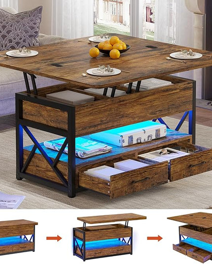 Itaar 40" Lift Top Coffee Table, 4 in 1 Coffee Tables with Storage for Living Room, Small Farmhouse Coffee Table with 2 Drawers & LED Light for Dining Reception Room, Rustic Brown