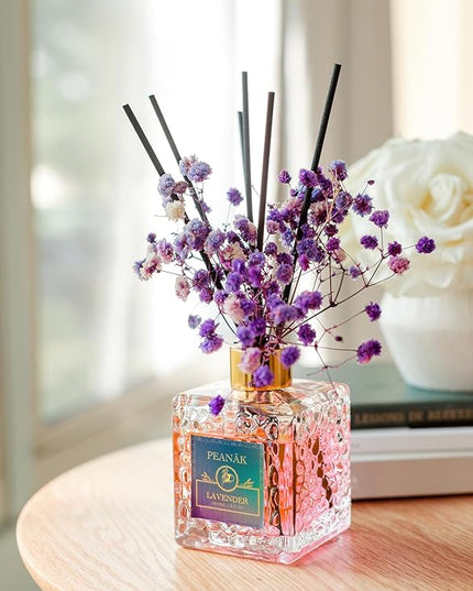PEANÄK Reed Diffuser Set - French Lavender Fragrance 6.7oz (200 ml) - 2 Pack Real Preserved Flowers & Reed Sticks for Home & Office Bathroom Shelf Décor with Long Lasting Gift Scents