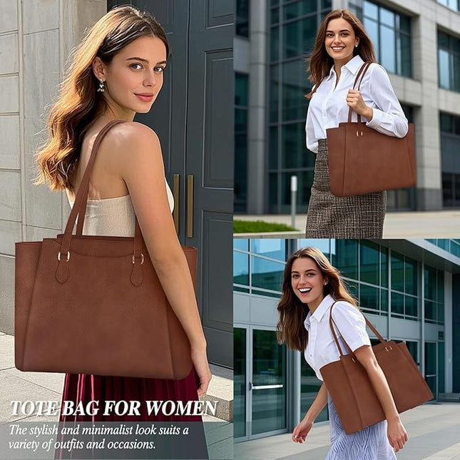 RAINSMORE Laptop Bag for Women 15.6 Inch Work Tote Bags Waterproof Computer Bags Leather Professional Laptop Purse Womens Laptop Briefcase Large Handbag for Office Teacher Travel, Retro Brown