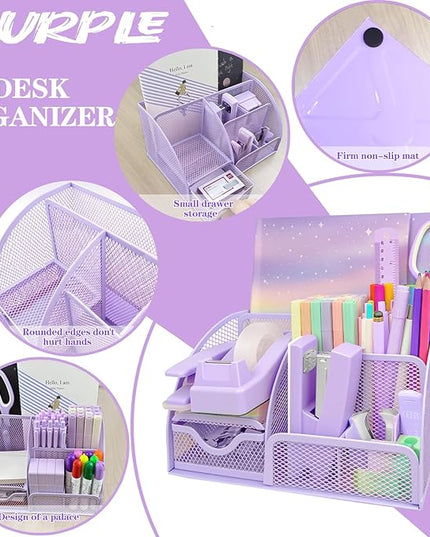 Purple Desk Accessories, 17Pcs Purple Office Supplies Set with Stapler, Mesh Desk Organizer, Tape Dispenser, Staple Remover, Pen Holder, Clips, Pens, Ruler, for Office Home School Women Students Gift