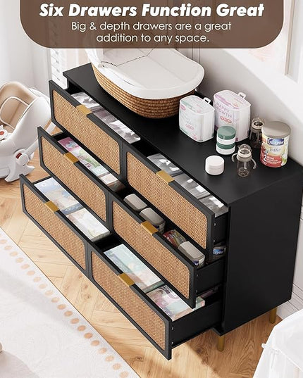 Garvee Rattan Dresser with 6 Drawers, Tall Modern Closet with Deep Storage, Large Chest of Drawers with Wide Top, Long Wooden Dresser for Bedroom, Living Room, Hallway, Kids Room, Black