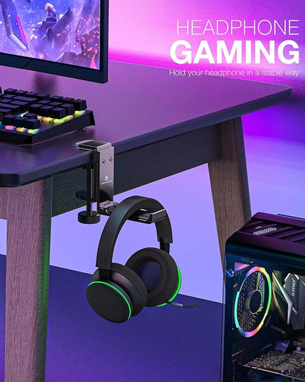 New Foldable Headphone Stand Hanger Holder Aluminum Headset Soundbar Stand Clamp Hook Under Desk Space Save Mount, Universal Fit Gaming Headphones, Black