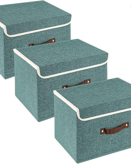 TYEERS Collapsible Storage Boxes, Washable Fabric Storage Bins with Lids, 14.9x9.8x9.8 inches, 3 Pack, Aqua Deep