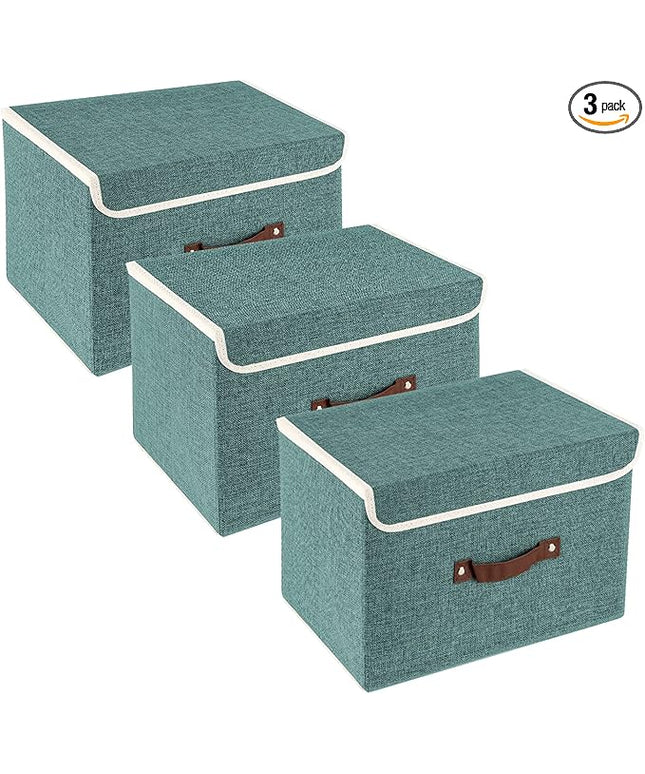 TYEERS Collapsible Storage Boxes, Washable Fabric Storage Bins with Lids, 14.9x9.8x9.8 inches, 3 Pack, Aqua Deep