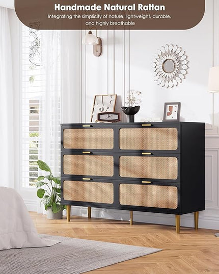 Garvee Rattan Dresser with 6 Drawers, Tall Modern Closet with Deep Storage, Large Chest of Drawers with Wide Top, Long Wooden Dresser for Bedroom, Living Room, Hallway, Kids Room, Black