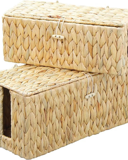 Cable Management Box,Hand-Woven Water Hyacinth Decorative Cord Organizer,2 Side Open Slots Wicker Cable Box to Hide Cords and Power Strip,for Desk, Floor, Office,2 Pack