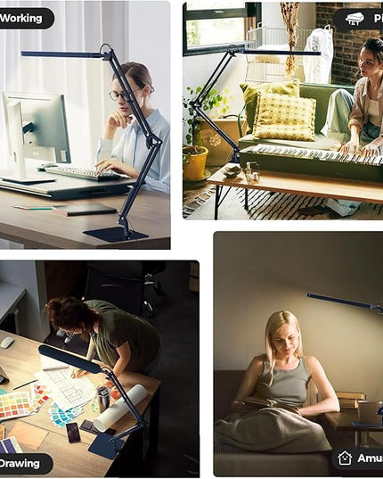 SKYLEO LED Desk Lamp with Slim Base - Adjustable Swing Arm Desk Light, Dimmable, Timer, Eye Protection, Memory Function, 1300LM, 12W, Blue