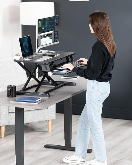 VIVO 32 inch Desk Converter, K Series, Height Adjustable Sit to Stand Riser, Dual Monitor and Laptop Workstation with Wide Keyboard Tray, Black, DESK-V000K