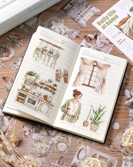 Auguro Scrapbooking Sticker 20 Sheets 120 Pre-Cut PET Daily Life at Home Girls People Stickers Books for journaling Scrapbook Supplies Transparent Stickers for journaling