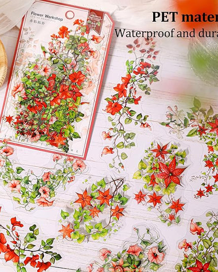 AuriicLeaf Floral Vine PET Stickers – 60PCS Vintage Botanical Design, Waterproof & Pre-Cut, Large Size for Journals, Junk Journals, Scrapbooking, and Craft