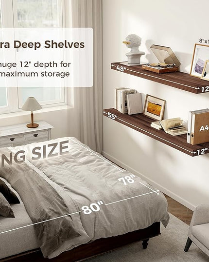 Floating Shelves 48 Inch Long, 12 Inch Deep Floating Shelves for Wall, 48 x 12 Large Wall Shelves for Home Storage & Display, 2" Thicked Floating Shelf for Bedroom, Living Room, Walnut Color, 1 Pack