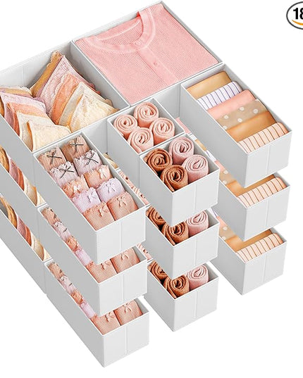 SONGMICS Drawer Organizers, Dresser Divider Organizers, Set of 18, Foldable Fabric Storage Boxes for Socks, Underwear, Bras, Ties, Scarves, Cloud White URDZ006W03