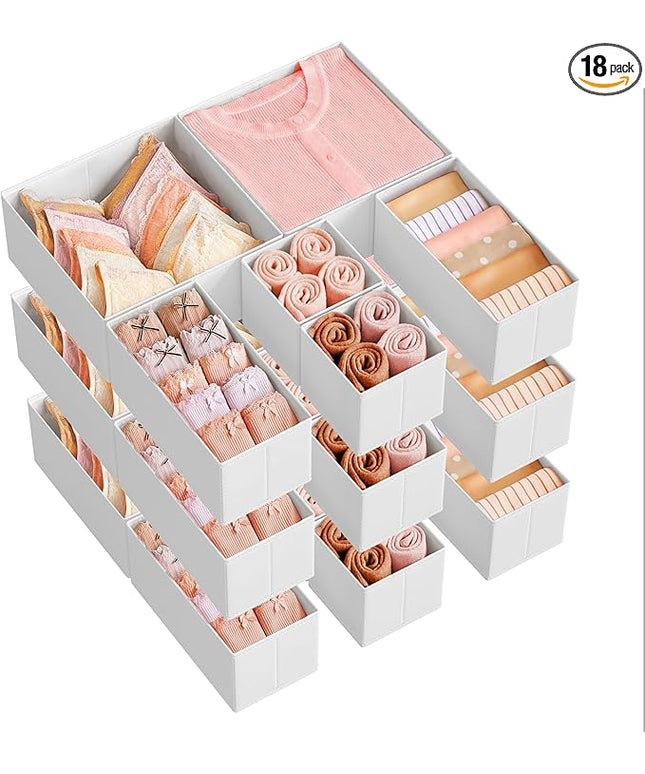 SONGMICS Drawer Organizers, Dresser Divider Organizers, Set of 18, Foldable Fabric Storage Boxes for Socks, Underwear, Bras, Ties, Scarves, Cloud White URDZ006W03