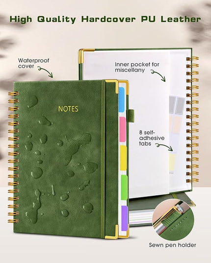 Hardcover Spiral Notebook journal with Removable Dividers Tabs, 300 Pages Leather 5 Subject Notebook College Ruled, 8"x10" Large B5 Notebooks for Work School Note taking, Lined Journal for Women,Green