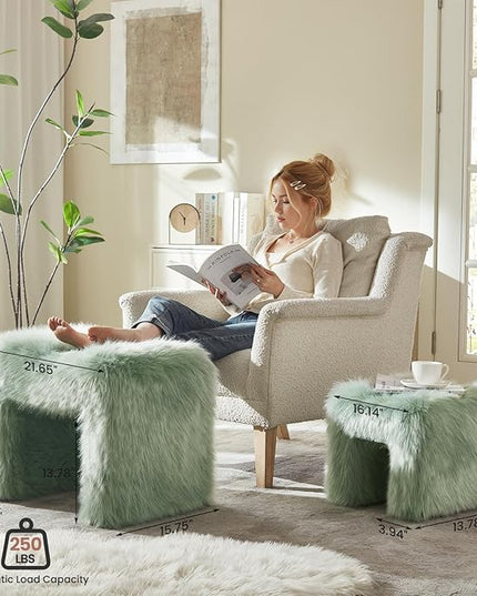 Ottoman Set of 2 Small Footstool Ottoman Vanity Stool Chair Faux Fur Seating Backless Modern Foot Rest Furry for Makeup Room Living Room Bedroom Entryway,Green(2-in-1)