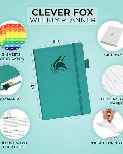 Clever Fox Planner – Undated Weekly & Monthly Planner for Productivity, Time Management & Goals – Organizer Journal – A5 (Turquoise)