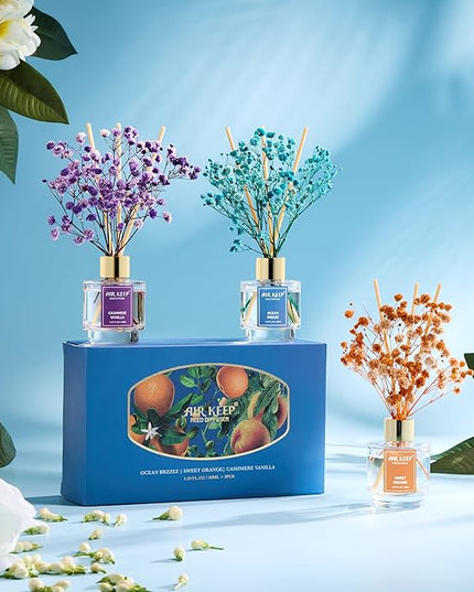 Airkeep Reed Diffuser Set of 3, Ocean Breeze Sweet Orange Cashmere Vanilla Oil Reed Diffusers for Bedroom Living Room Office Aromatherapy Oil Reed Diffuser for Gift 50ml x 3