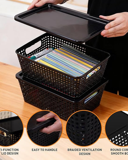 Plastic Storage Baskets With Lid, Storage Bins for Organizing, Stackable Decorative Containers for Shelves Drawers Desktop Closet Playroom Classroom Office, 8 Pack-Black