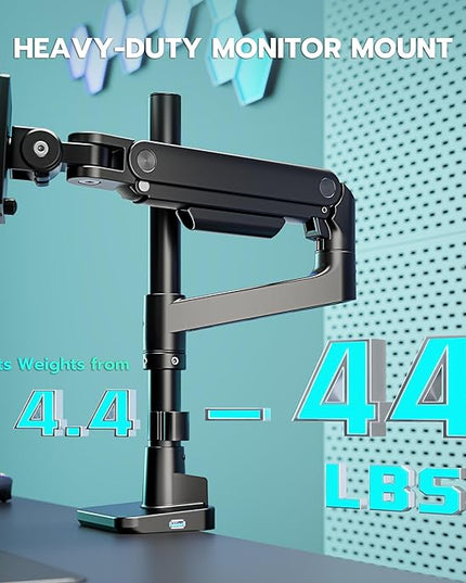 ARES WING Heavy Duty Monitor Arm with USB A/C, Tall Ultrawide Monitor Arm for 17 to 49 Inch Screen, Holds 44 Lbs, Adjustable Gas Spring Desk Mount, Black
