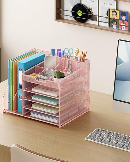 Lavatino 5-Tier Desk Organizer with 2 File Holders, Metal Adjustable Paper Letter Tray for Office or Home Desk Organizers and Accessories | 7 Flexible Dividers Keep Workspace Supplies Neat, Pink