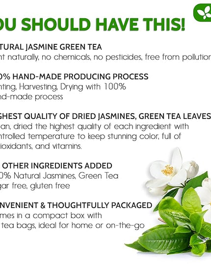 FreshDrinkUS, Premium 20 Tea Bags of Jasmine Green Tea, 100% Natural. Exquisite Flavor, Handpicked Leaves, Perfect for Tea Lovers. No Sugar, No Gluten, Vegan.