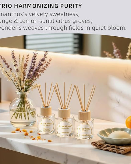 Binca Vidou Reed Diffuser Set, Lavender Osmanthus Orange&Lemon Scent Oil Diffusers with Sticks for Home Office Bathroom Aromatherapy Decor 1.69oz X 3