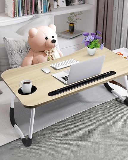 Slendor Lap Desk with Tablet Slot, Foldable Laptop Table with Storage Drawer，Portable Bed Desk for Laptop, Computer Tray with Cup Holder Notebook Stand Reading Holder for Couch Floor, White Maple