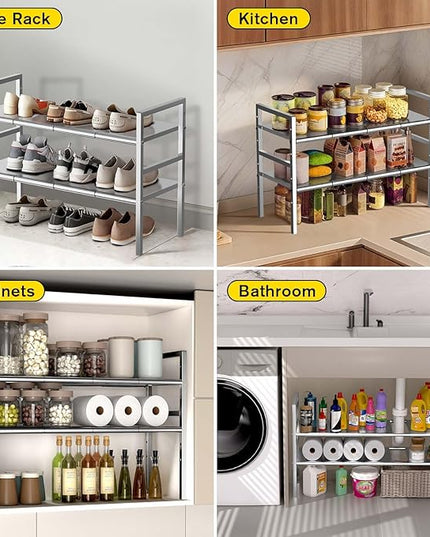Expandable Under Sink Organizer and Storage, 2-Tier Height Adjustable Under Cabinet Organizer Shelf with 8 Removable Panels for Bathroom Kitchen Multi-Purpose Storage (8 Panels)