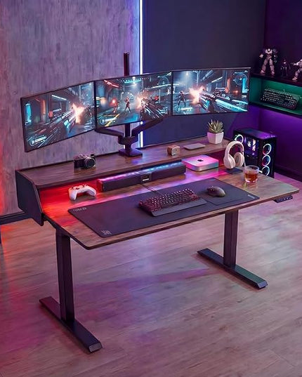 ErGear Standing Desk with LED Strip, 55″ x 28″ Electric Height Adjustable RGB Gaming Table with Shelf, Sit Stand Desk with Dual Cable Holes, C-Clamp Mount Compatible, 4 Preset Heights, Vintage Brown