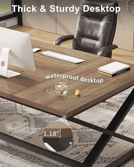 IBF Large Computer Desk, 78.7” Extra Long Home Office Desk, Wood Metal Work Desk for Study Writing, Farmhouse Simple Wide Double PC Gaming Computer Table Executive Workstation in Bedroom, Rustic Oak