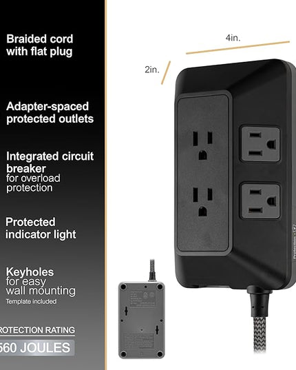 GE 6-Outlet Surge Protector, 6 Ft Braided Extension Cord Power Strip, Flat Plug, Adapter Spaced, Multi Plug Outlet Extender, for Home, School, and Office, 560J, Black - 70614