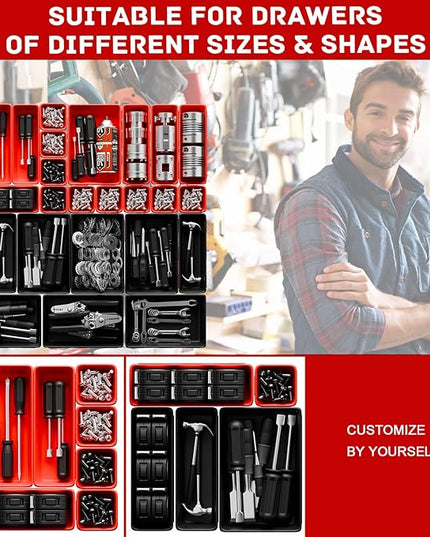 Toolbox Organizer Trays, Tool Chest Drawer Organizer with Non-Slip EVA Pads – 47pcs Red and Black Interlocking Trays for Workbench, Rolling Tool Cart, Garage