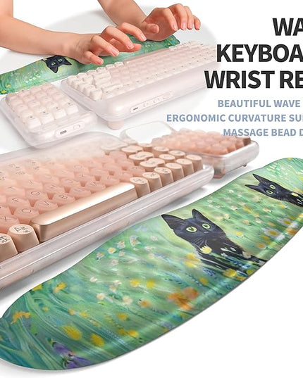 2-in-1 Ergonomic Set, Wave Keyboard Wrist Rest and Massage Slope Mouse Pad Wrist Support, Rebound Memory Foam for Relieve Carpal Tunnel Syndrome and Wrist Pain (Oil Painting Cats)