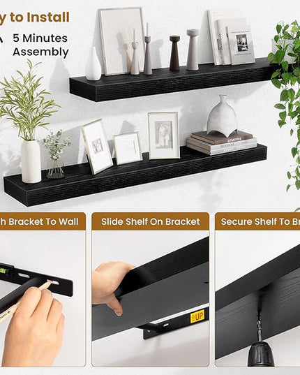 Fun Memories Floating Shelves for Room Wall, 36 Inch Long Shelf Set of 2， Hanging Wood Shelves for Storage & Display, Black