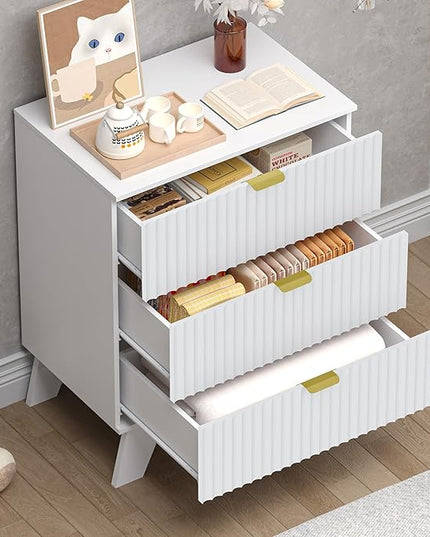 BORNOON Fluted 3 Drawer Dresser, 30.3" Tall Compact Modern Boho Chest of Drawers, Wooden Storage Cabinet for Bedroom, Living Room, Entryway, Curved Profile Design