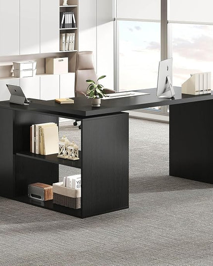 HSH Black L Shaped Desk with Drawers Shelves, 360 Rotating Home Office Desk L Shape with Storage Cabinet, Corner Wood Computer Table for PC Executive Work Study Writing in Bedroom Living Room, 55 in