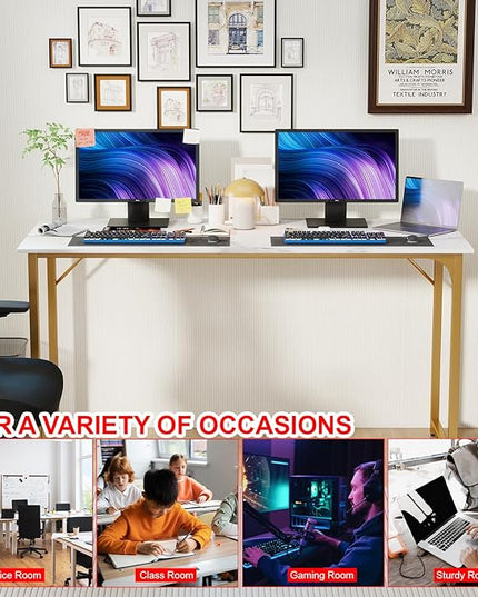 PayLessHere | 55 Inch Computer Desk | White Gold | Office Desk with Metal Frame, Adjustable Feet | Water-Resistant, Scratchproof Surface | Sturdy Writing Table for Home Office or Study | Pack of 1