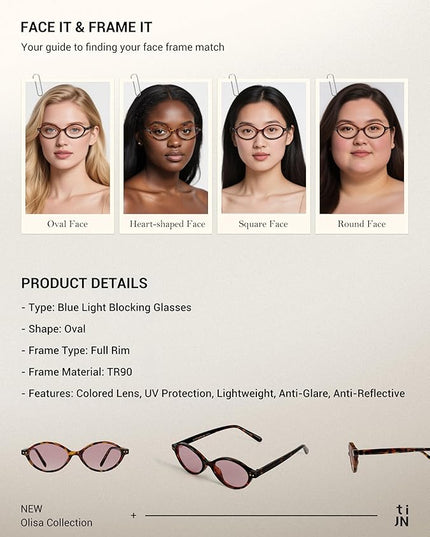 TIJN Olisa Blue Light Blocking Glasses for Women Men,Oval Glasses Frame Bluelight Glasses for Gaming/Computer/Screen