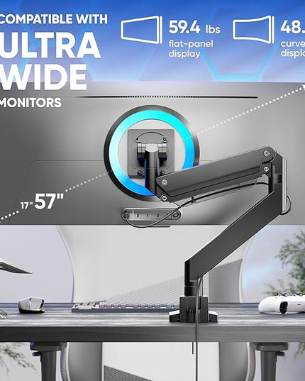 ONKRON Heavy Duty Monitor Arm for 17-57 Inch Screens up to 59.4 lbs, Ultrawide Screen Mount with Adjustable Gas Spring, VESA 75x75-200x200, Single Arm Monitor Mount for Desk, Clamp & Grommet Black