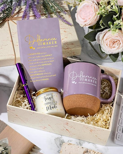 4 Pcs Difference Maker Gift for Women Men Teacher Employee Appreciation Gift for Coworker Staff Coach Difference Maker Mug Notebook Scented Candle Motivational Ballpoint Pen for Valentines(Purple)