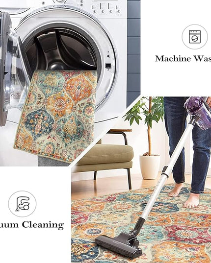 Lahome Moroccan Trellis Washable Round Area Rug, Round Rug 5ft Soft Non-Slip, Non-Shedding Distressed Circle Carpet for Bedroom Living Room Bathroom Nursery Kitchen, Cream/Multi